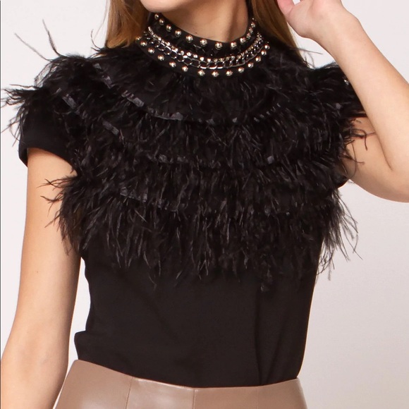 Gracia Tops - Garcia Front Feather and Neck Beads Cap Sleeve Mesh Top